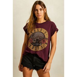 Guns & Roses Rock n Roll Maroon Bling T Shirt Tee Top   Women's Size 8